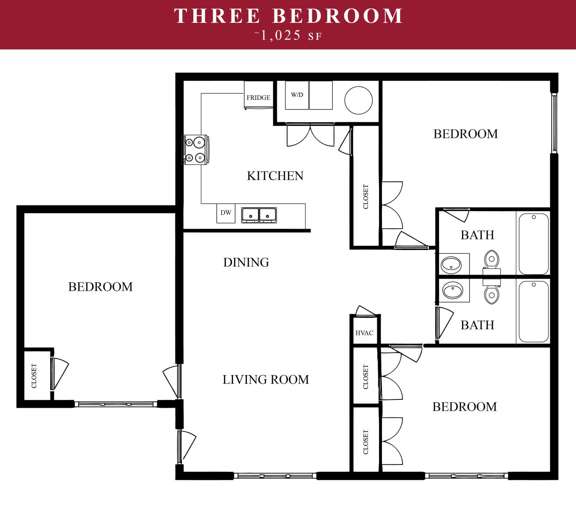 3 bedroom floor plan offering 1,025 sq. ft. of space at Pines at Southridge Tahlequah apartments