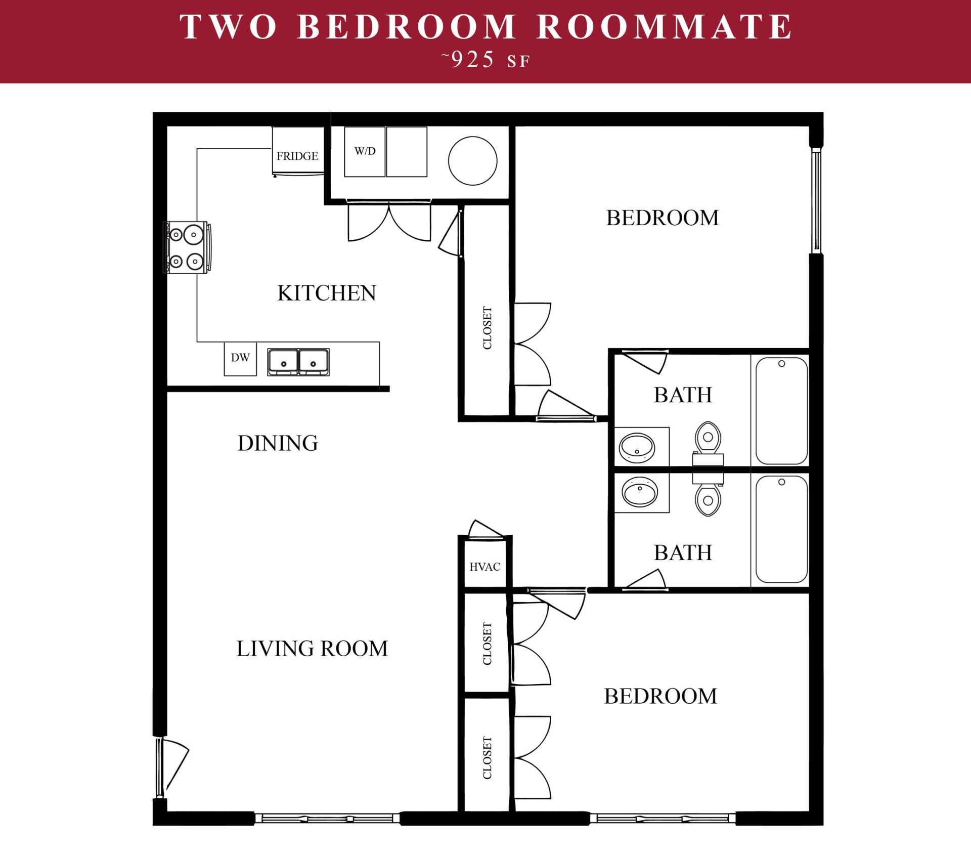 2 Bedroom Roommate floor plan available at Pines at Southridge apartments